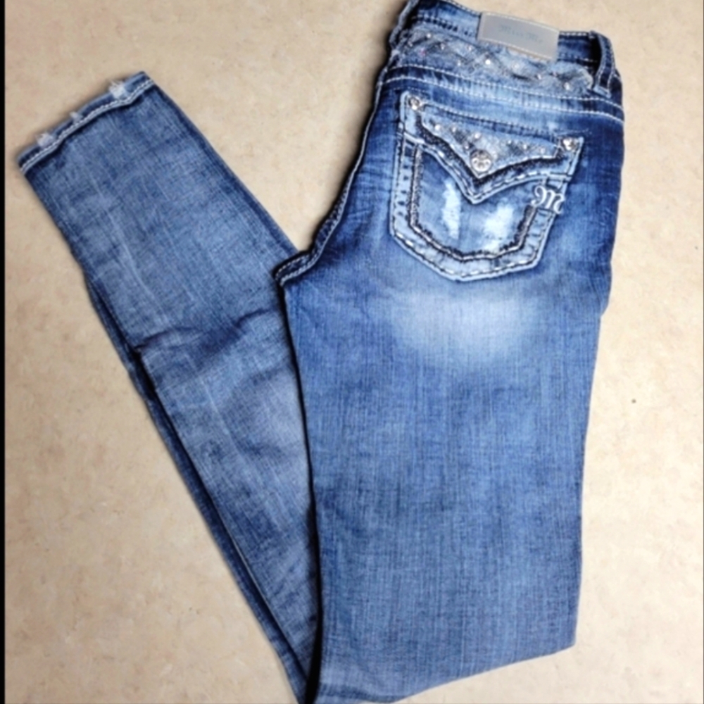 Miss me jeans size 26 mid rise skinny distressed, embellished-blue/silver - Picture 2 of 15